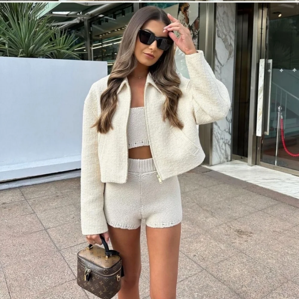 Zara Tweed Bomber Jacket Cream Size XS - Picture 11 of 16